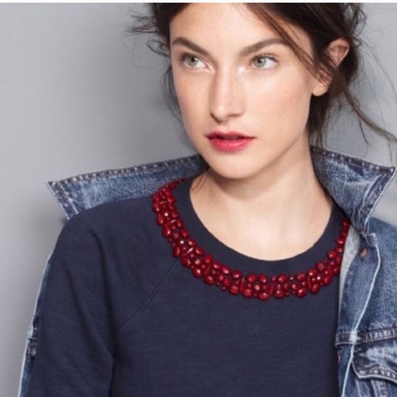 J. Crew Tops - J. CREW Navy Sweatshirt with Burgundy Jewel Collar